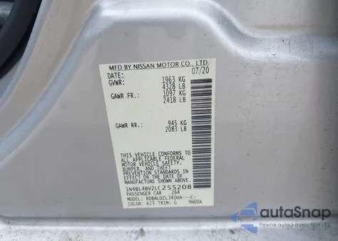 2020 Nissan Altima S Fwd z USA, uszkodzony, nr VIN 1N4BL4BV2LC255208